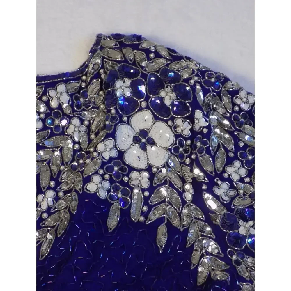 VTG D'Albert Sequin Beaded Blouse Eveningwear Blue Flower 80s 100% Silk - Picture 9 of 9